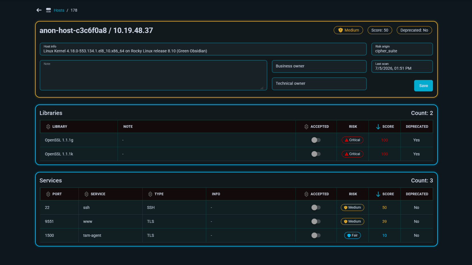 qReflector host detail showing the risk badge, score and host ownership fields